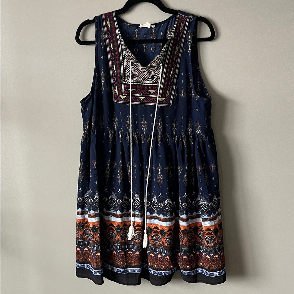 entro Navy Blue Embroidered Boho Mini Dress with Orange Accents
